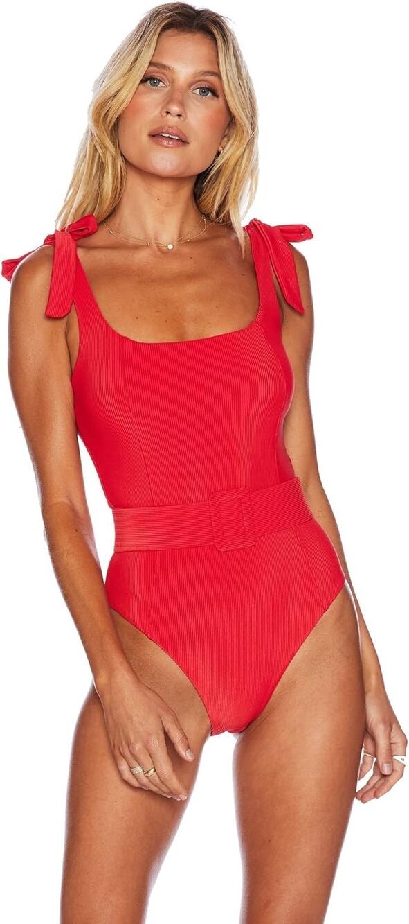 Beach Riot Red Belted One-Piece Swimsuit with Tie Shoulders